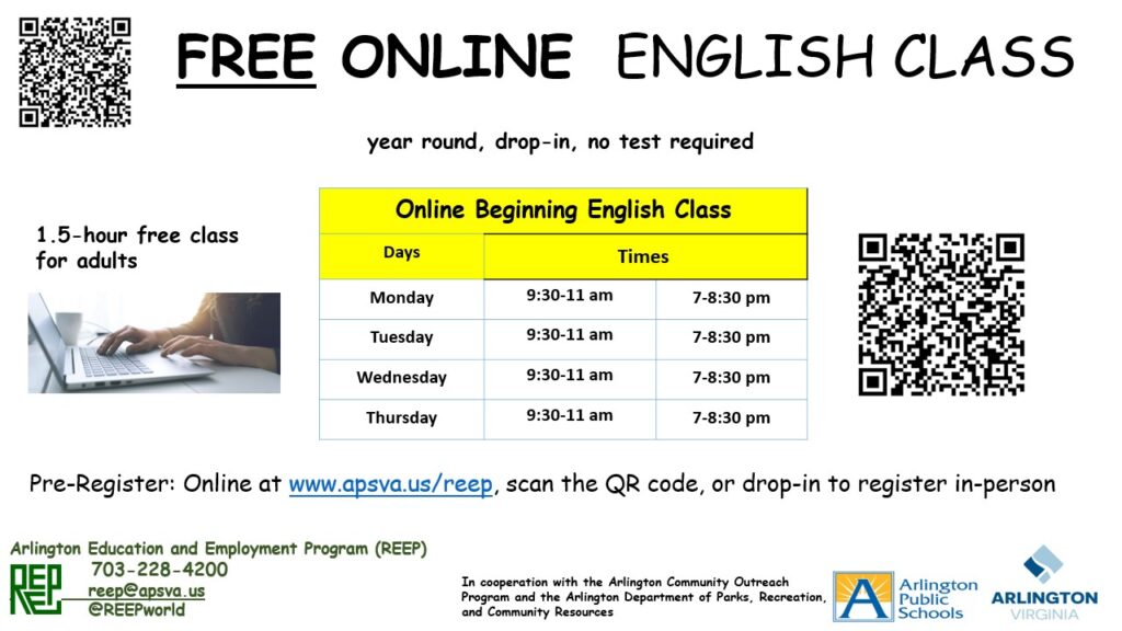 Online Free Adult English Class Flyer