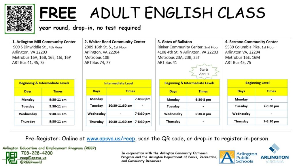 schedule for free drop in english classes for adults in arlington, virginia