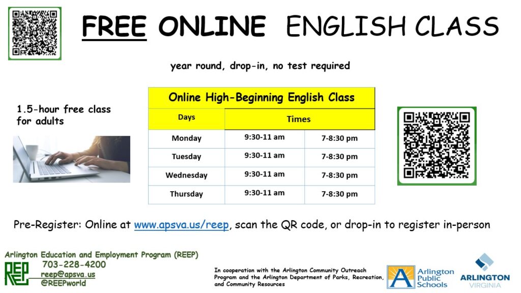 free drop in online english classes for adults in arlington virginia